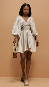 GG4124 Cream Smocked Woven Mini Dress